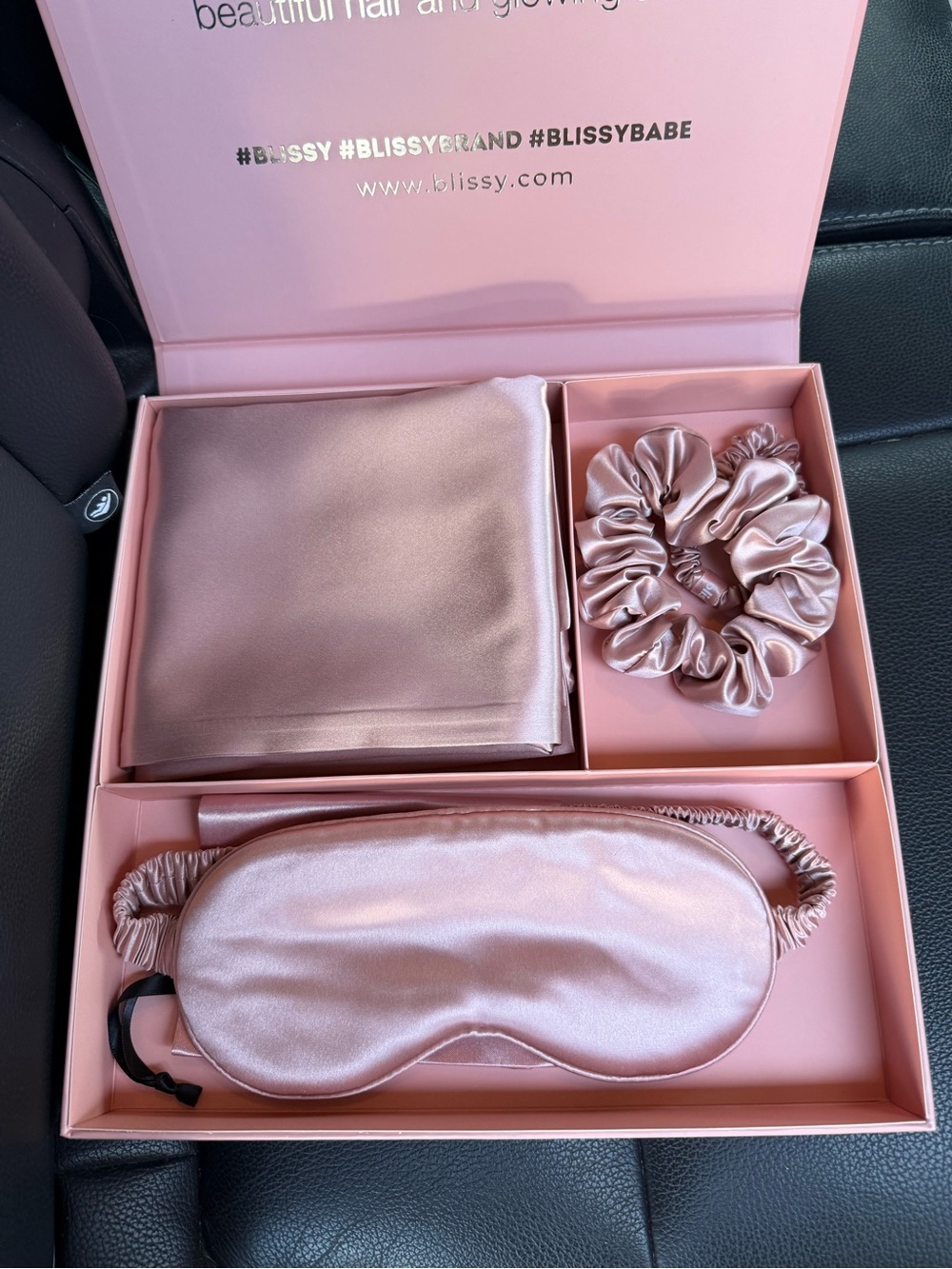 Blissy Rose Gold Satin Sleep Set - Eye Mask, Pillowcase & Scrunchie